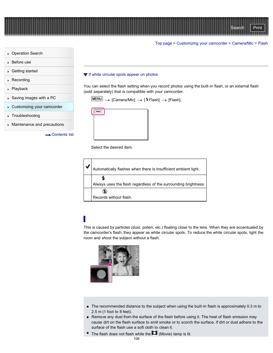 Flash, Handycam" user guide | Sony HDR-GW77V User Manual | Page 106 / 211