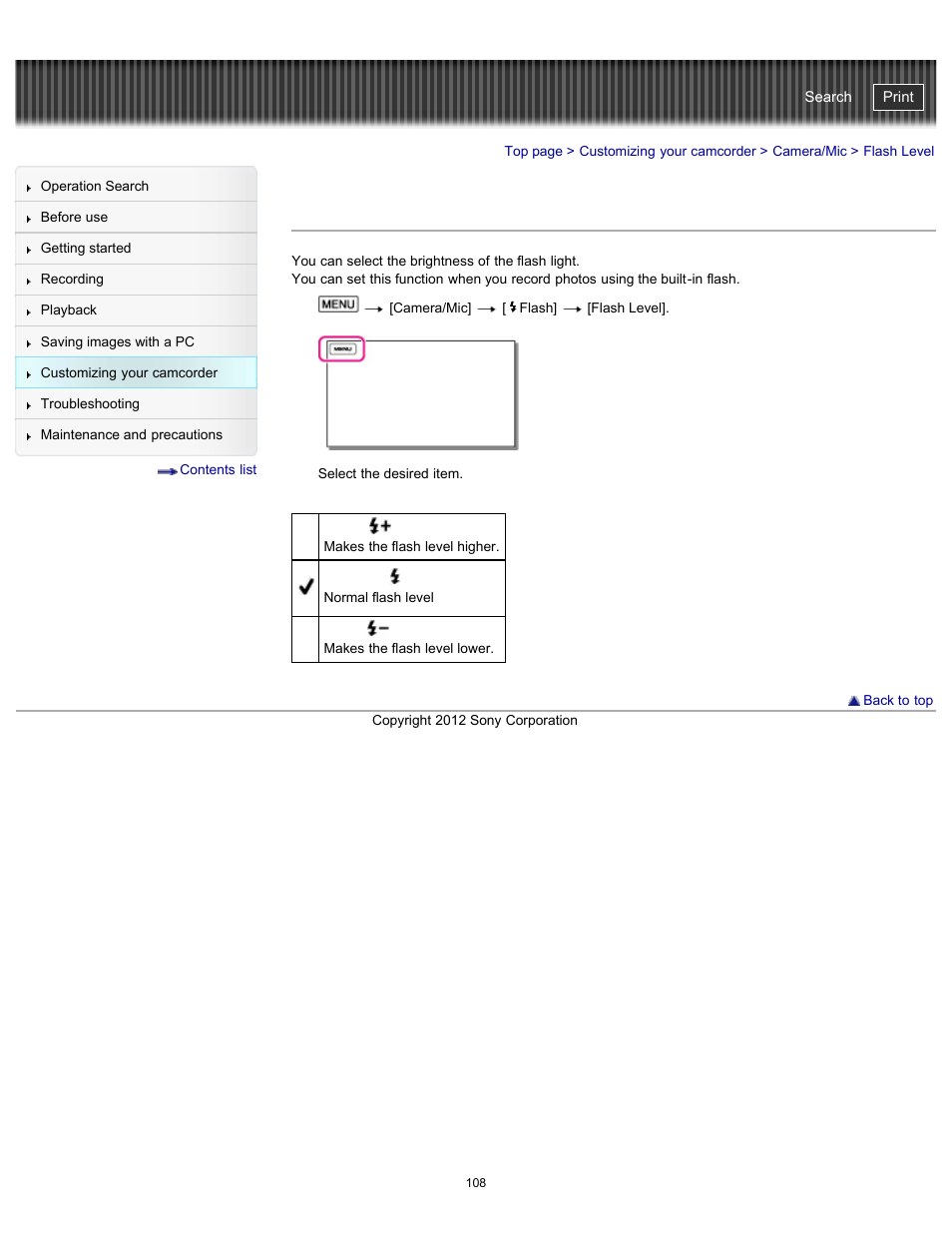 Flash level, Handycam" user guide | Sony HDR-GW77V User Manual | Page 108 / 211