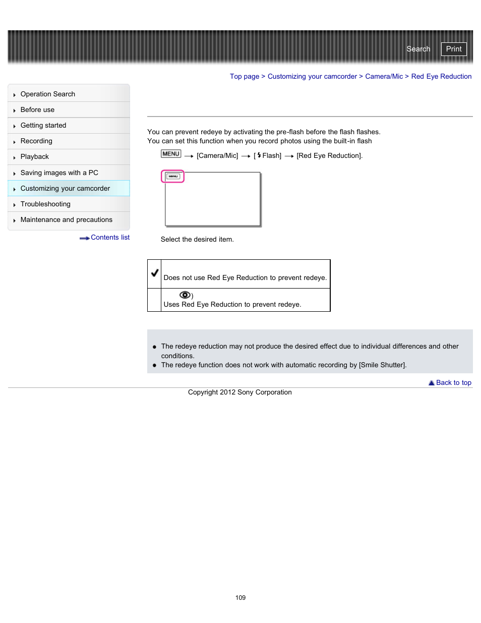 Red eye reduction, Handycam" user guide | Sony HDR-GW77V User Manual | Page 109 / 211