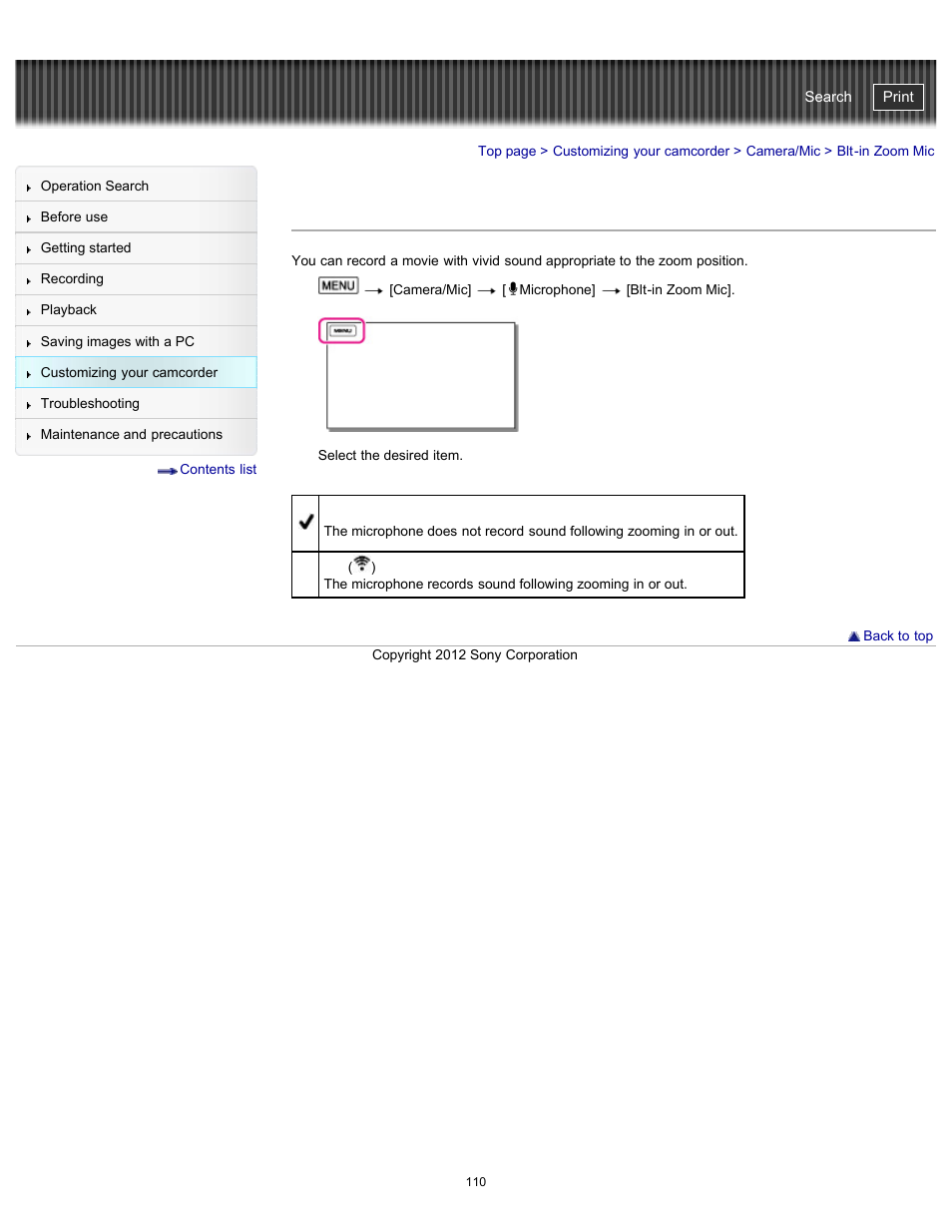 Blt-in zoom mic, Handycam" user guide | Sony HDR-GW77V User Manual | Page 110 / 211
