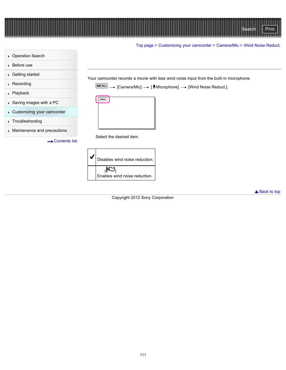 Wind noise reduct, Handycam" user guide | Sony HDR-GW77V User Manual | Page 111 / 211