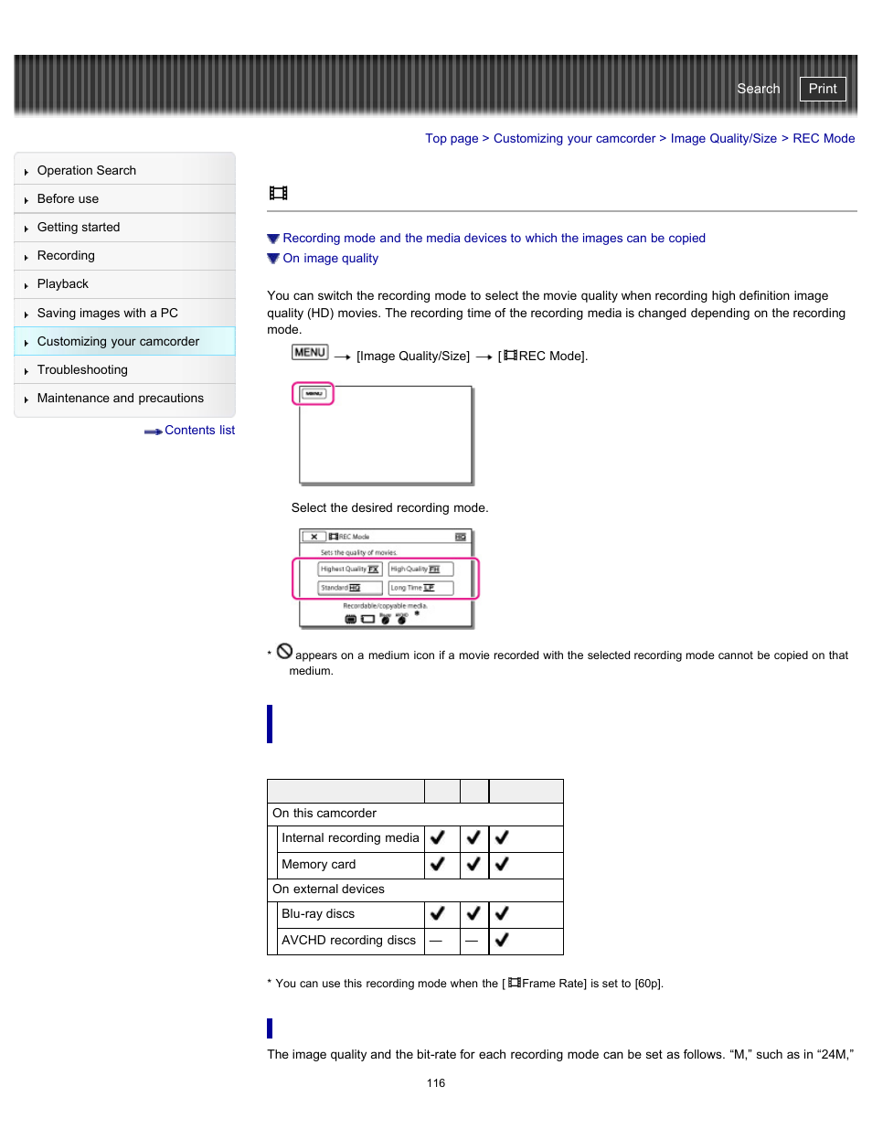 Rec mode, Handycam" user guide | Sony HDR-GW77V User Manual | Page 116 / 211