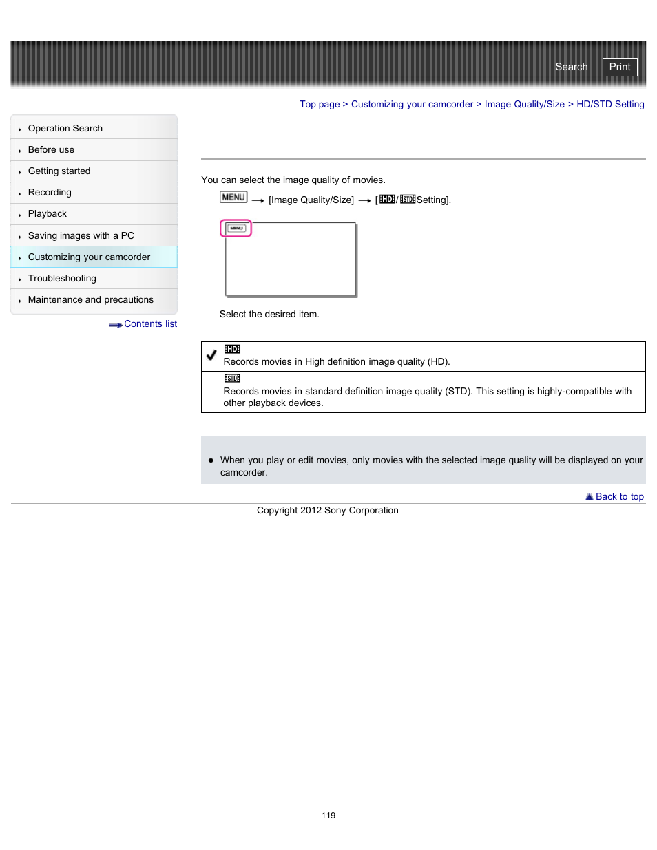 Hd/std setting, Handycam" user guide | Sony HDR-GW77V User Manual | Page 119 / 211