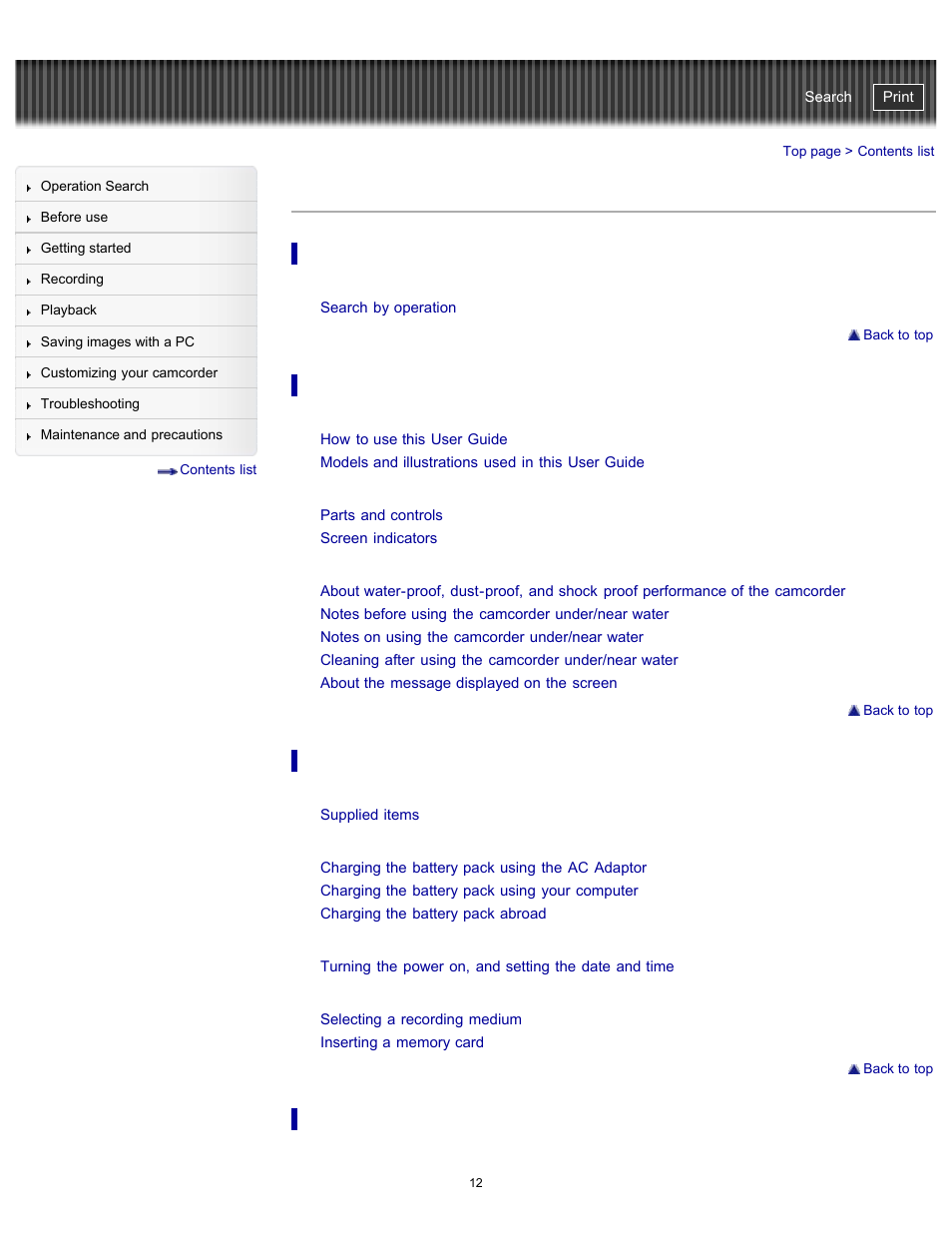 Contents list | Sony HDR-GW77V User Manual | Page 12 / 211