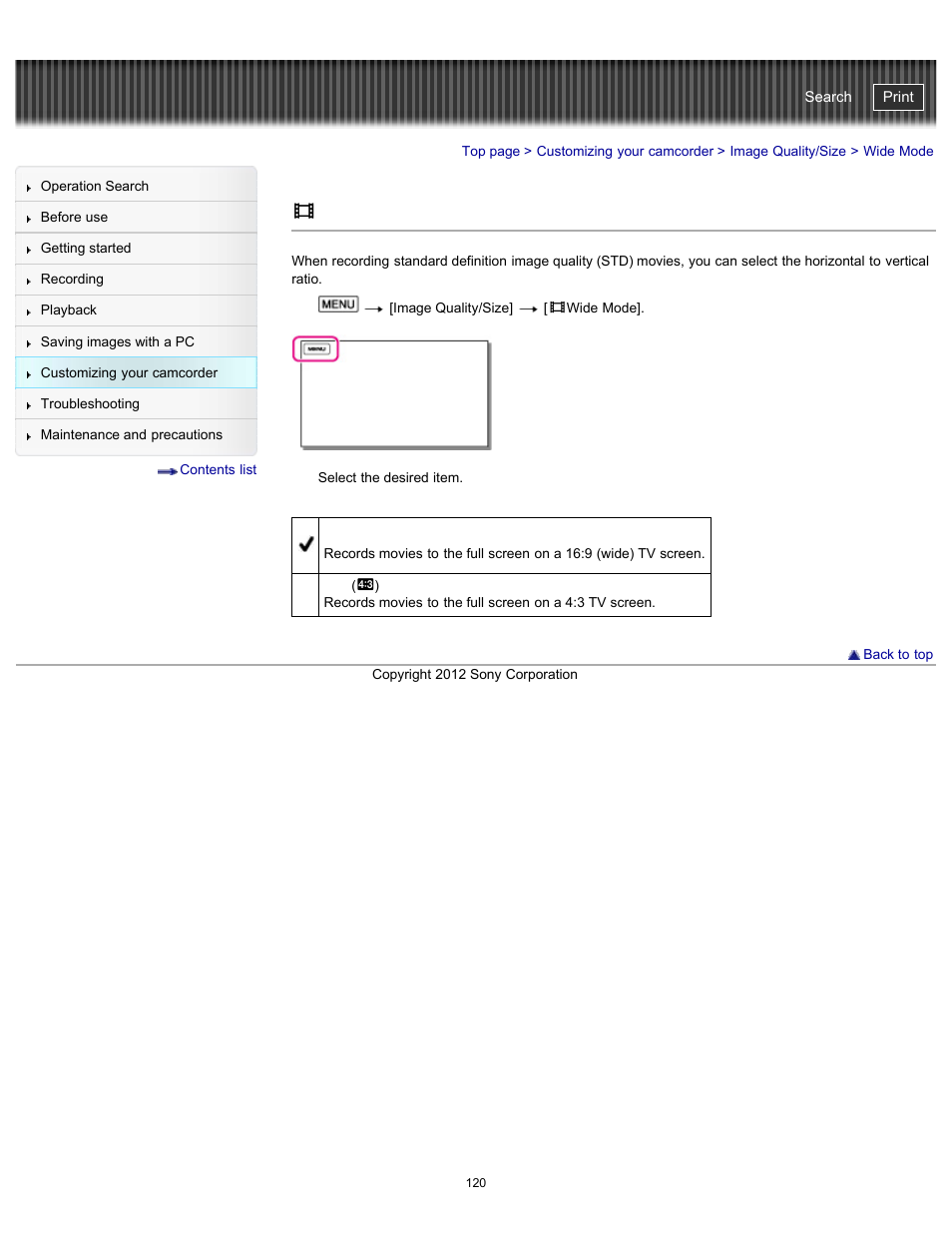 Wide mode, Handycam" user guide | Sony HDR-GW77V User Manual | Page 120 / 211
