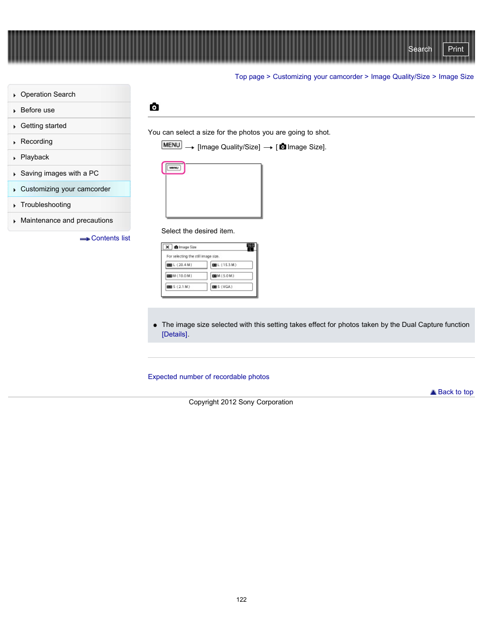 Image size, Handycam" user guide | Sony HDR-GW77V User Manual | Page 122 / 211