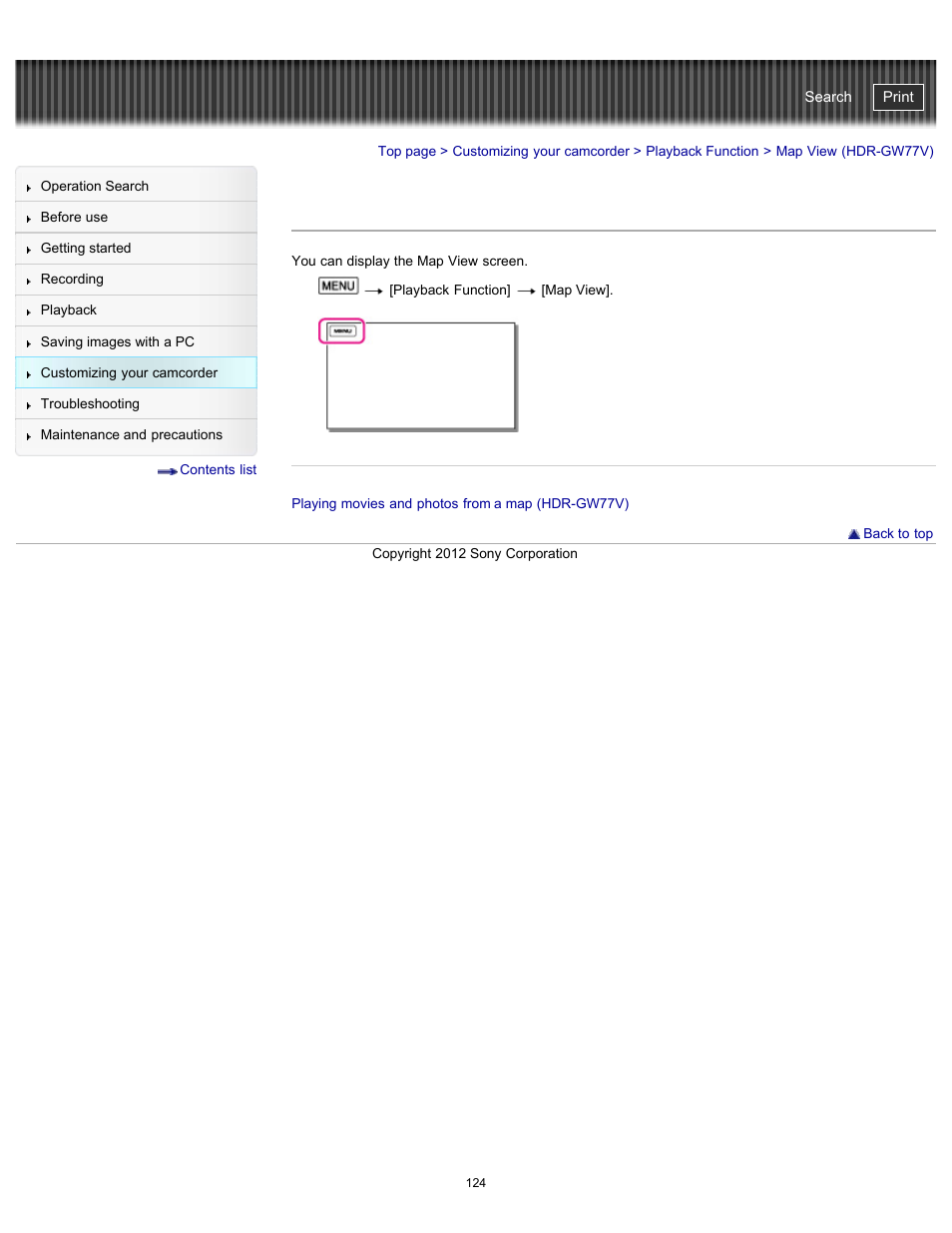 Map view (hdr-gw77v), Handycam" user guide | Sony HDR-GW77V User Manual | Page 124 / 211