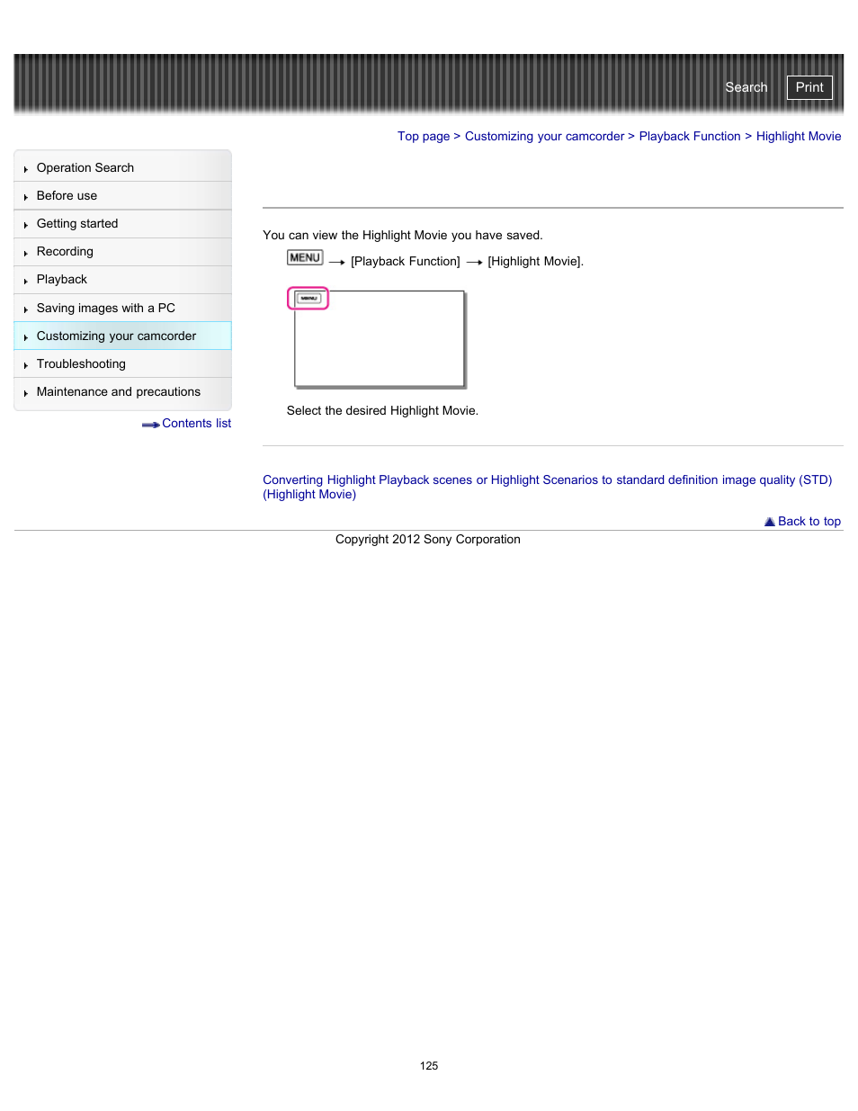 Highlight movie, Handycam" user guide | Sony HDR-GW77V User Manual | Page 125 / 211