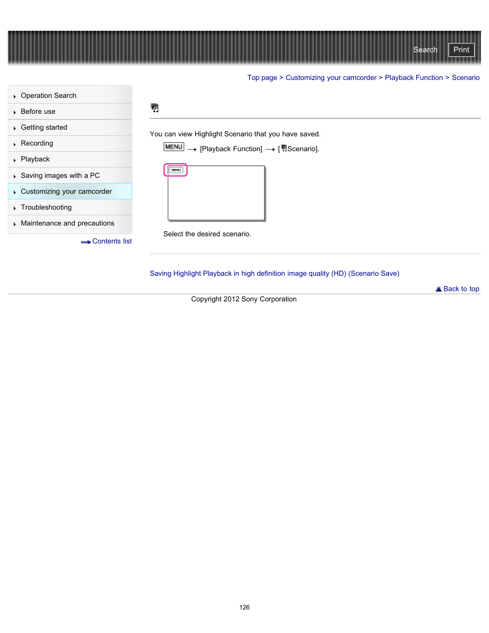 Scenario, Handycam" user guide | Sony HDR-GW77V User Manual | Page 126 / 211