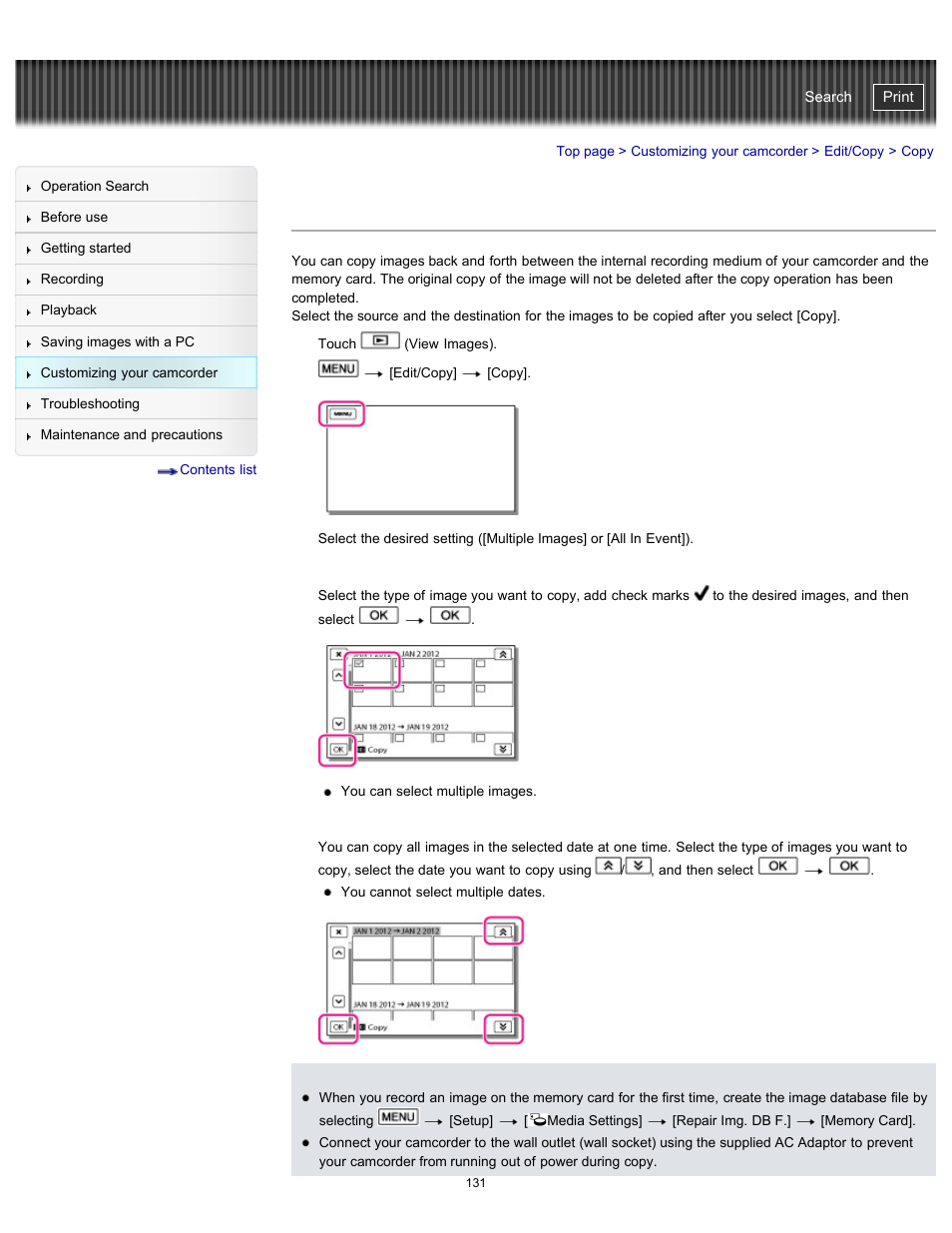 Copy, Handycam" user guide | Sony HDR-GW77V User Manual | Page 131 / 211