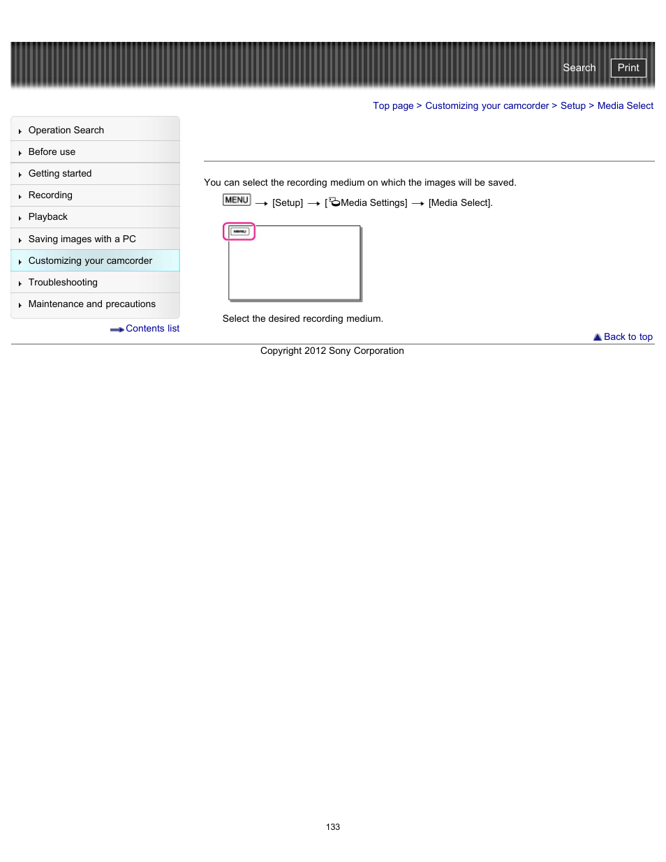 Media select, Handycam" user guide | Sony HDR-GW77V User Manual | Page 133 / 211