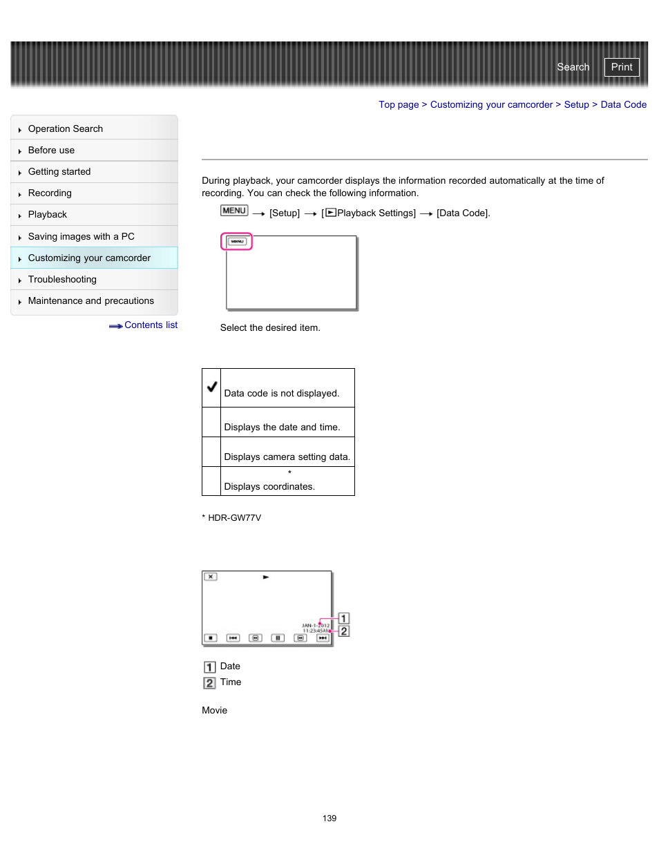 Data code, Handycam" user guide | Sony HDR-GW77V User Manual | Page 139 / 211