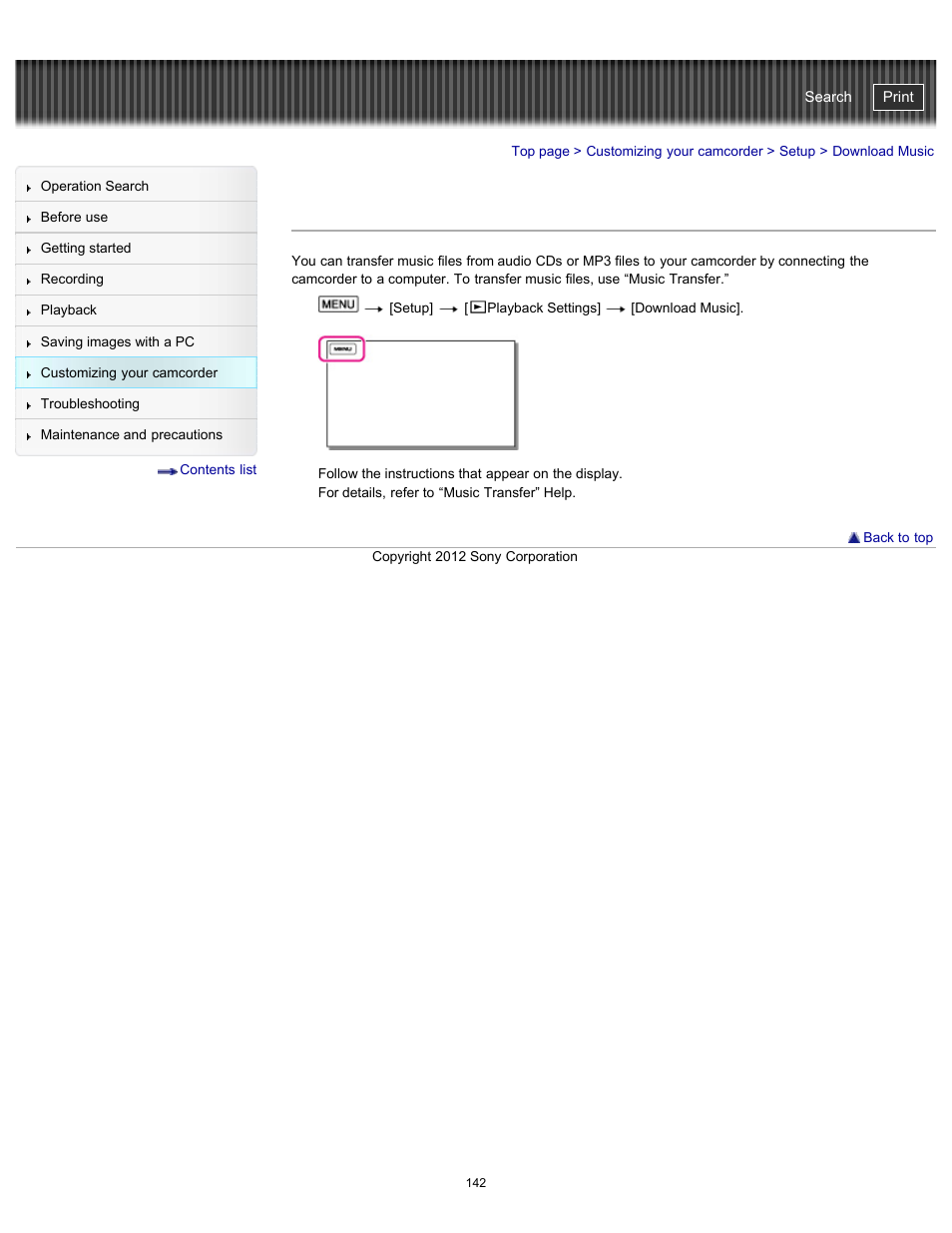 Download music, Handycam" user guide | Sony HDR-GW77V User Manual | Page 142 / 211