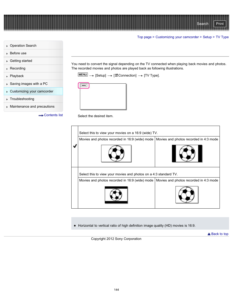 Tv type, Handycam" user guide | Sony HDR-GW77V User Manual | Page 144 / 211
