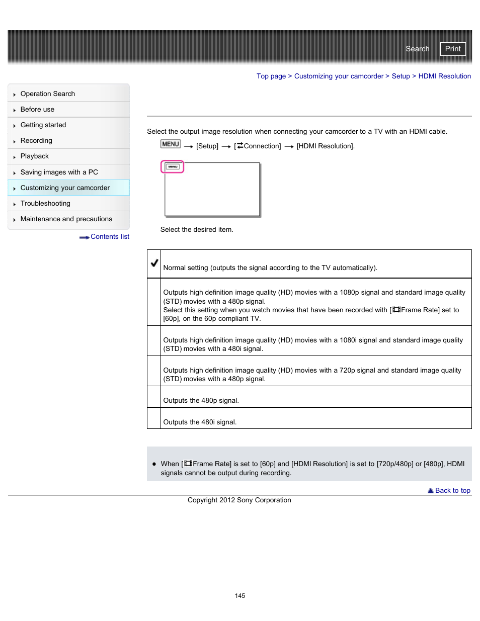 Hdmi resolution, Handycam" user guide | Sony HDR-GW77V User Manual | Page 145 / 211