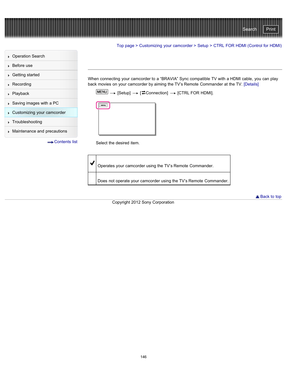 Ctrl for hdmi (control for hdmi), Handycam" user guide | Sony HDR-GW77V User Manual | Page 146 / 211