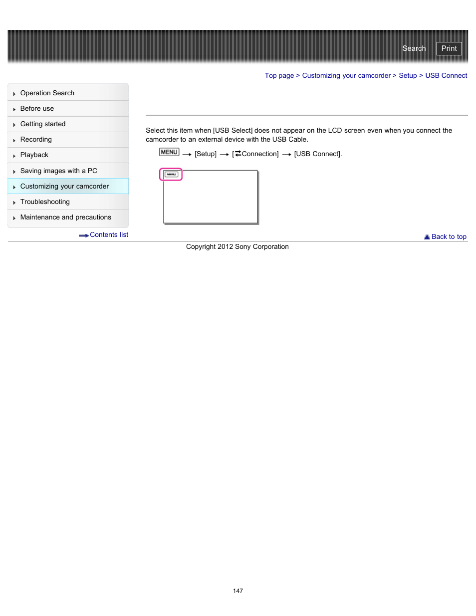Usb connect, Handycam" user guide | Sony HDR-GW77V User Manual | Page 147 / 211