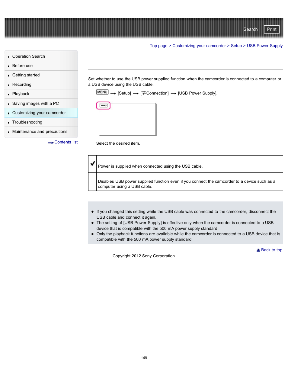 Usb power supply, Handycam" user guide | Sony HDR-GW77V User Manual | Page 149 / 211