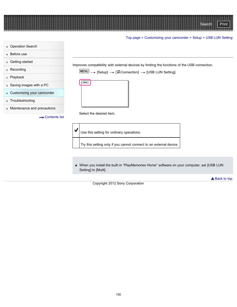 Usb lun setting, Handycam" user guide | Sony HDR-GW77V User Manual | Page 150 / 211
