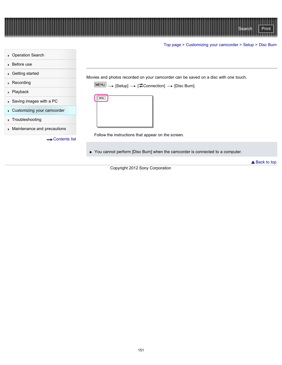Disc burn, Handycam" user guide | Sony HDR-GW77V User Manual | Page 151 / 211