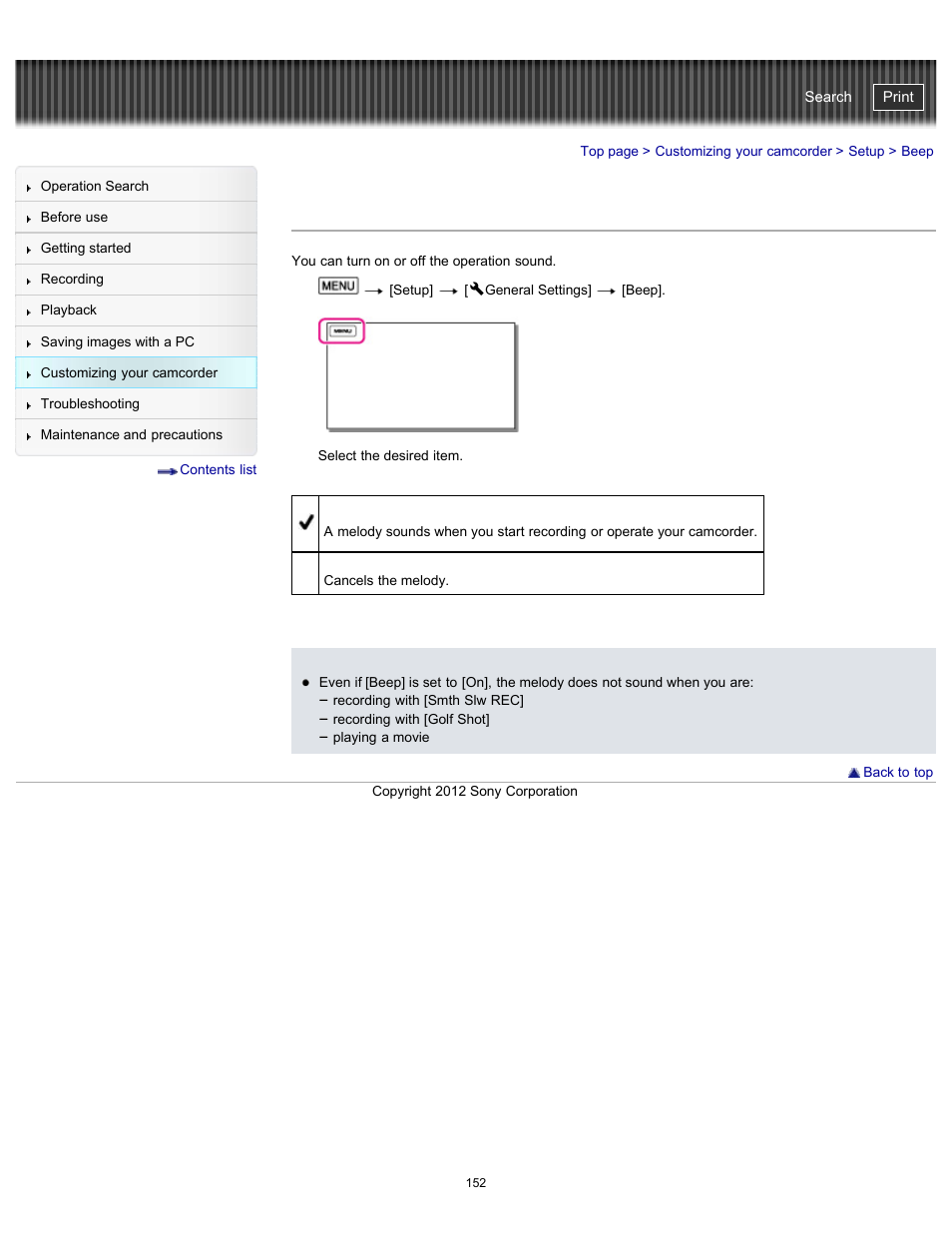 Beep, Handycam" user guide | Sony HDR-GW77V User Manual | Page 152 / 211