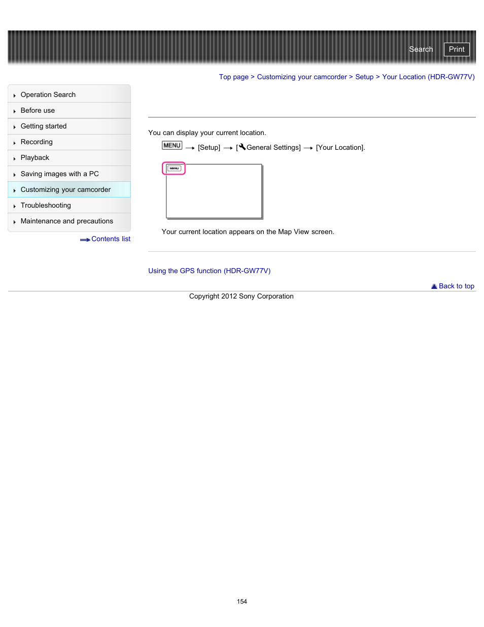 Your location (hdr-gw77v), Handycam" user guide | Sony HDR-GW77V User Manual | Page 154 / 211