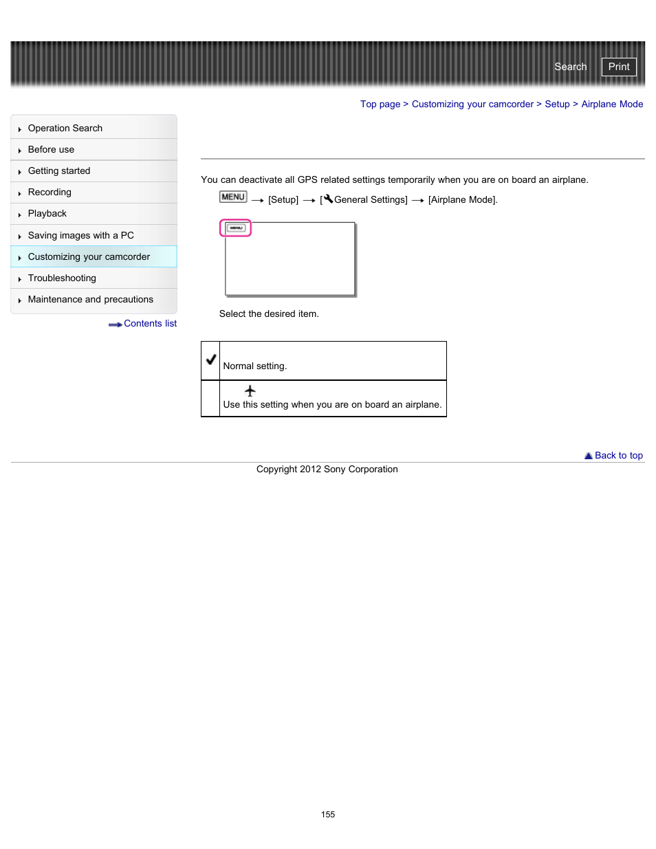 Airplane mode, Handycam" user guide | Sony HDR-GW77V User Manual | Page 155 / 211