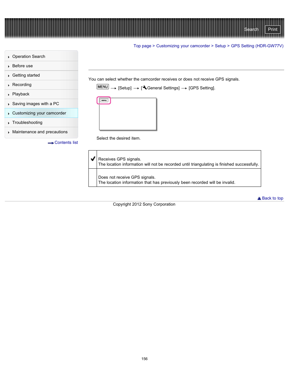 Gps setting (hdr-gw77v), Handycam" user guide | Sony HDR-GW77V User Manual | Page 156 / 211