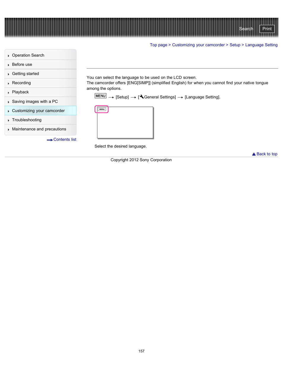 Language setting, Handycam" user guide | Sony HDR-GW77V User Manual | Page 157 / 211