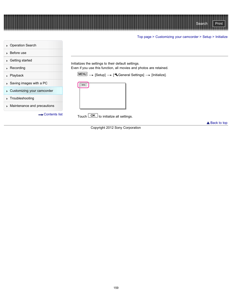 Initialize, Handycam" user guide | Sony HDR-GW77V User Manual | Page 159 / 211