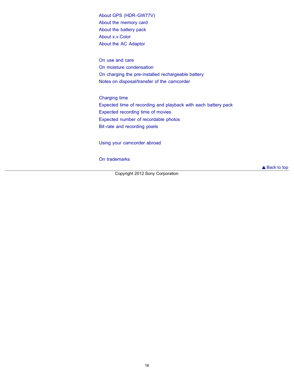 Sony HDR-GW77V User Manual | Page 16 / 211