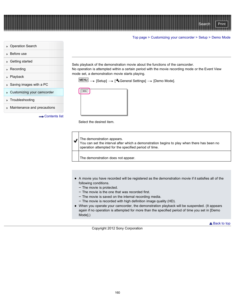 Demo mode, Handycam" user guide | Sony HDR-GW77V User Manual | Page 160 / 211