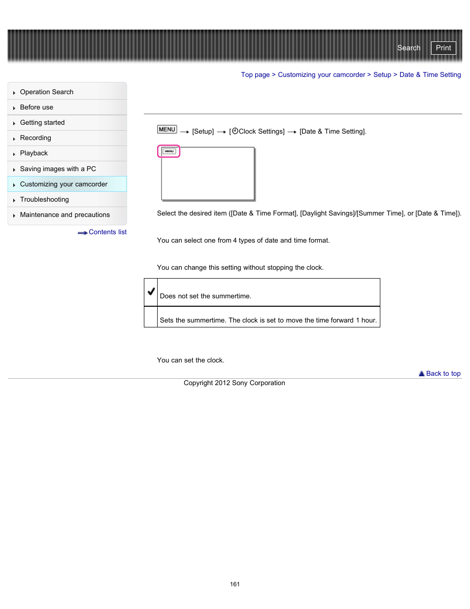 Date & time setting, Handycam" user guide | Sony HDR-GW77V User Manual | Page 161 / 211
