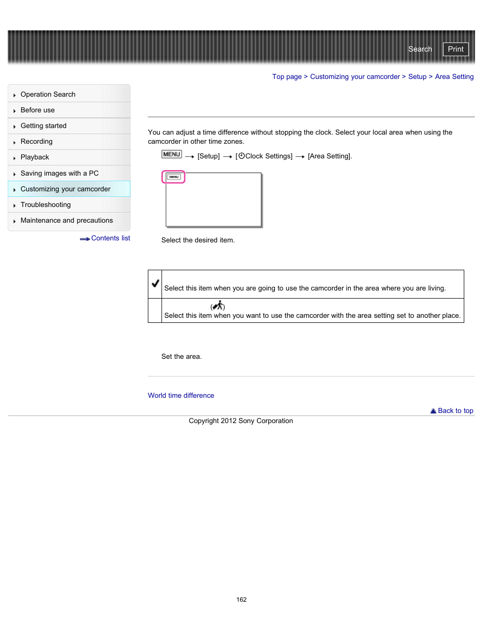 Area setting, Handycam" user guide | Sony HDR-GW77V User Manual | Page 162 / 211