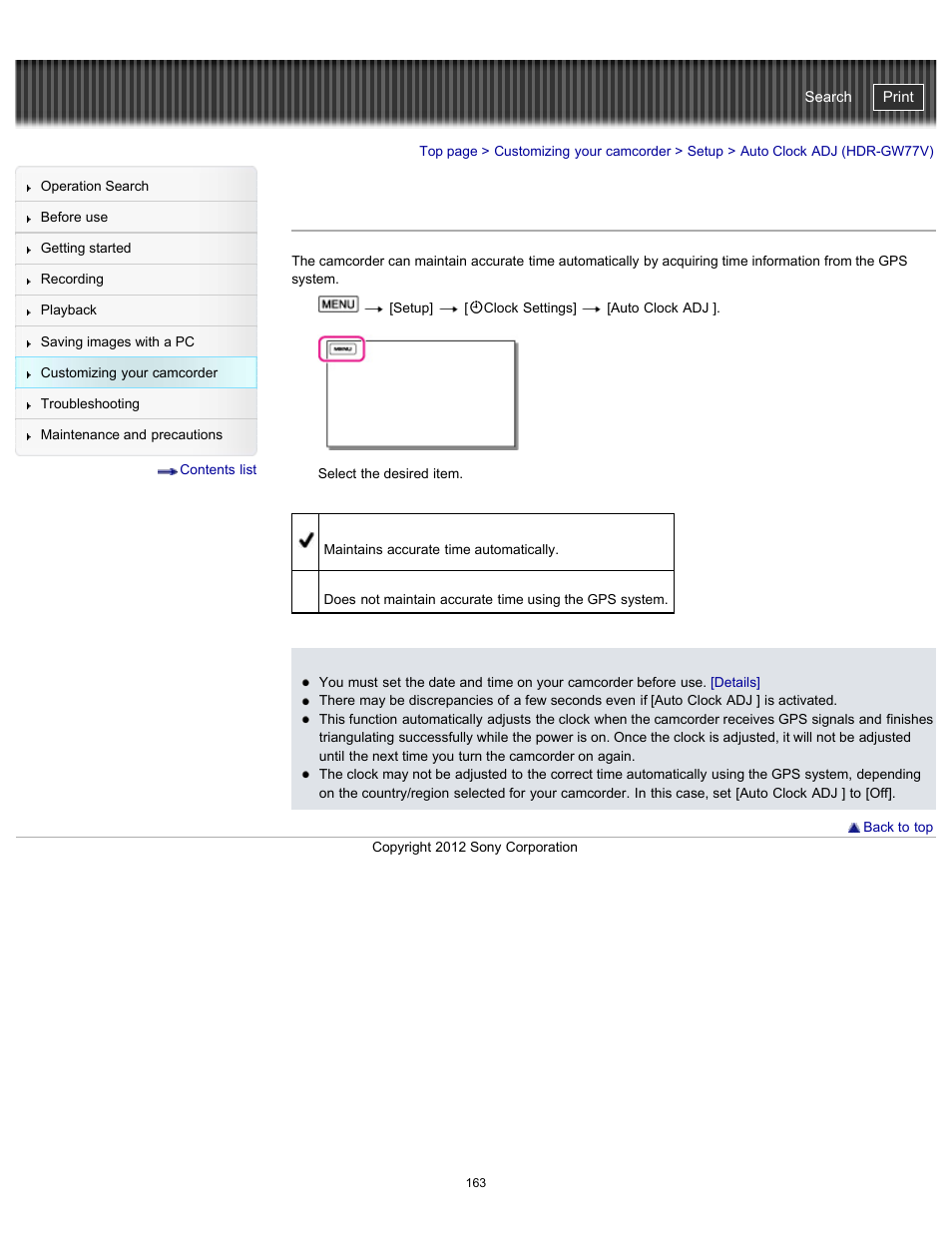 Auto clock adj (hdr-gw77v), Handycam" user guide | Sony HDR-GW77V User Manual | Page 163 / 211