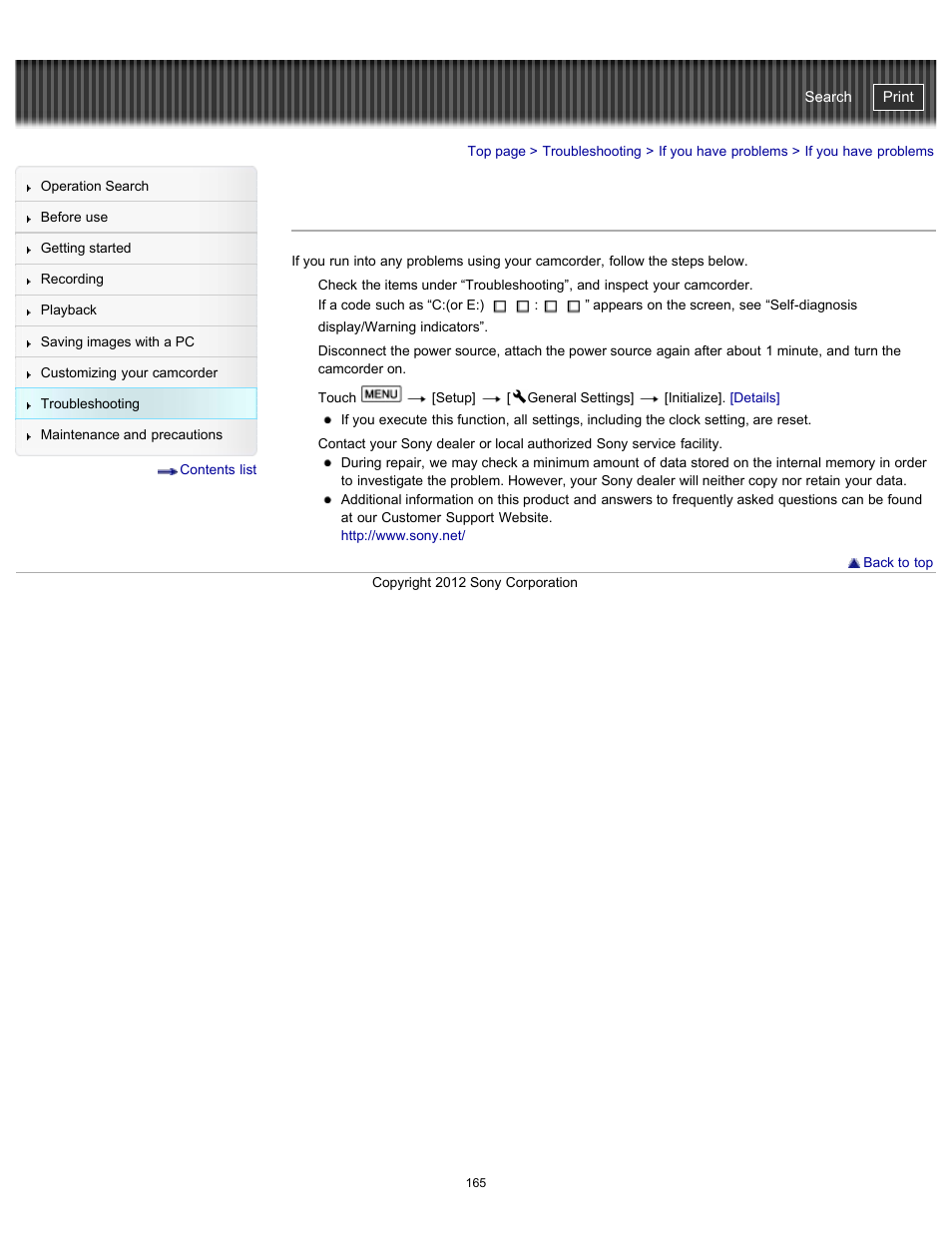 If you have problems, Handycam" user guide | Sony HDR-GW77V User Manual | Page 165 / 211
