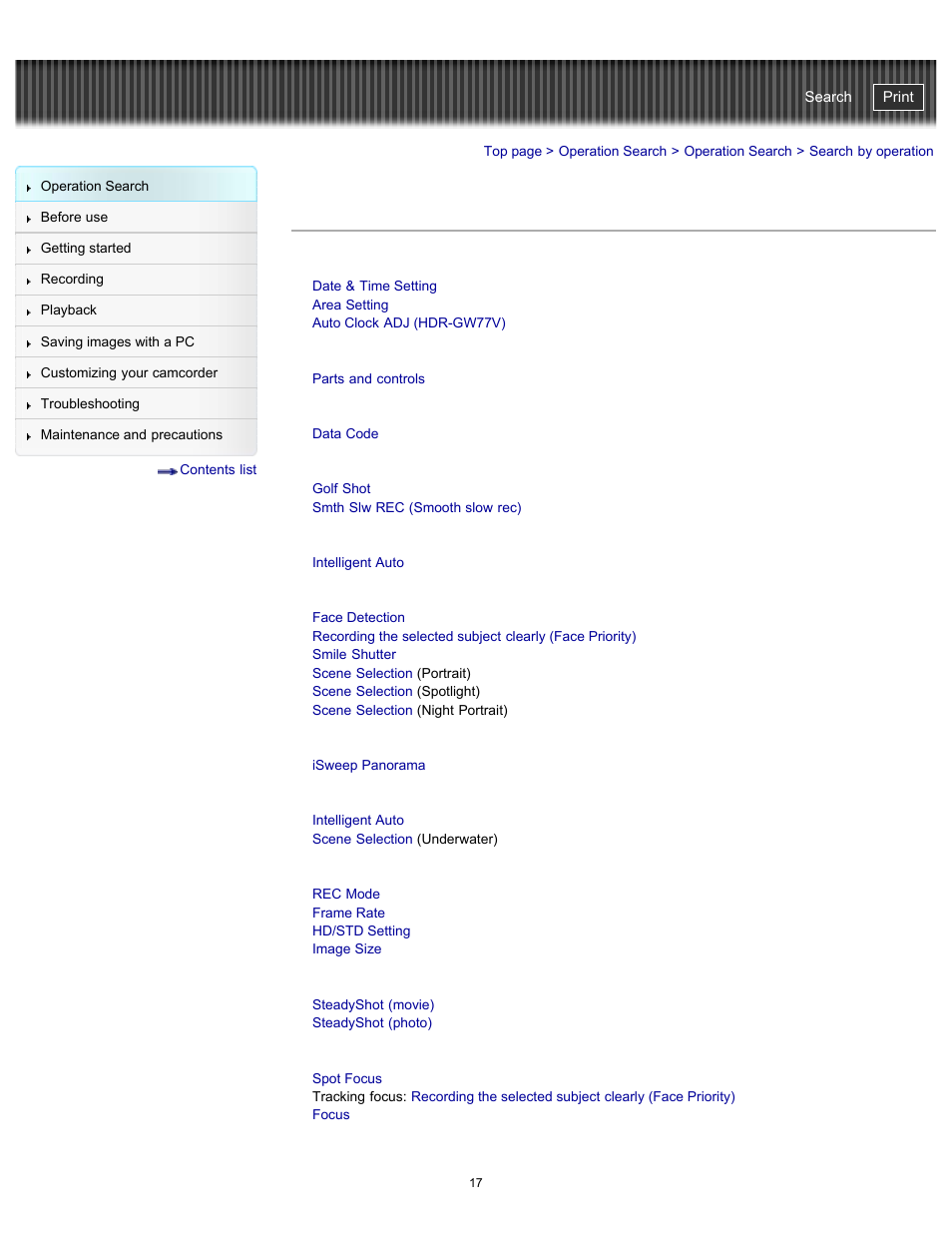 Search by operation | Sony HDR-GW77V User Manual | Page 17 / 211