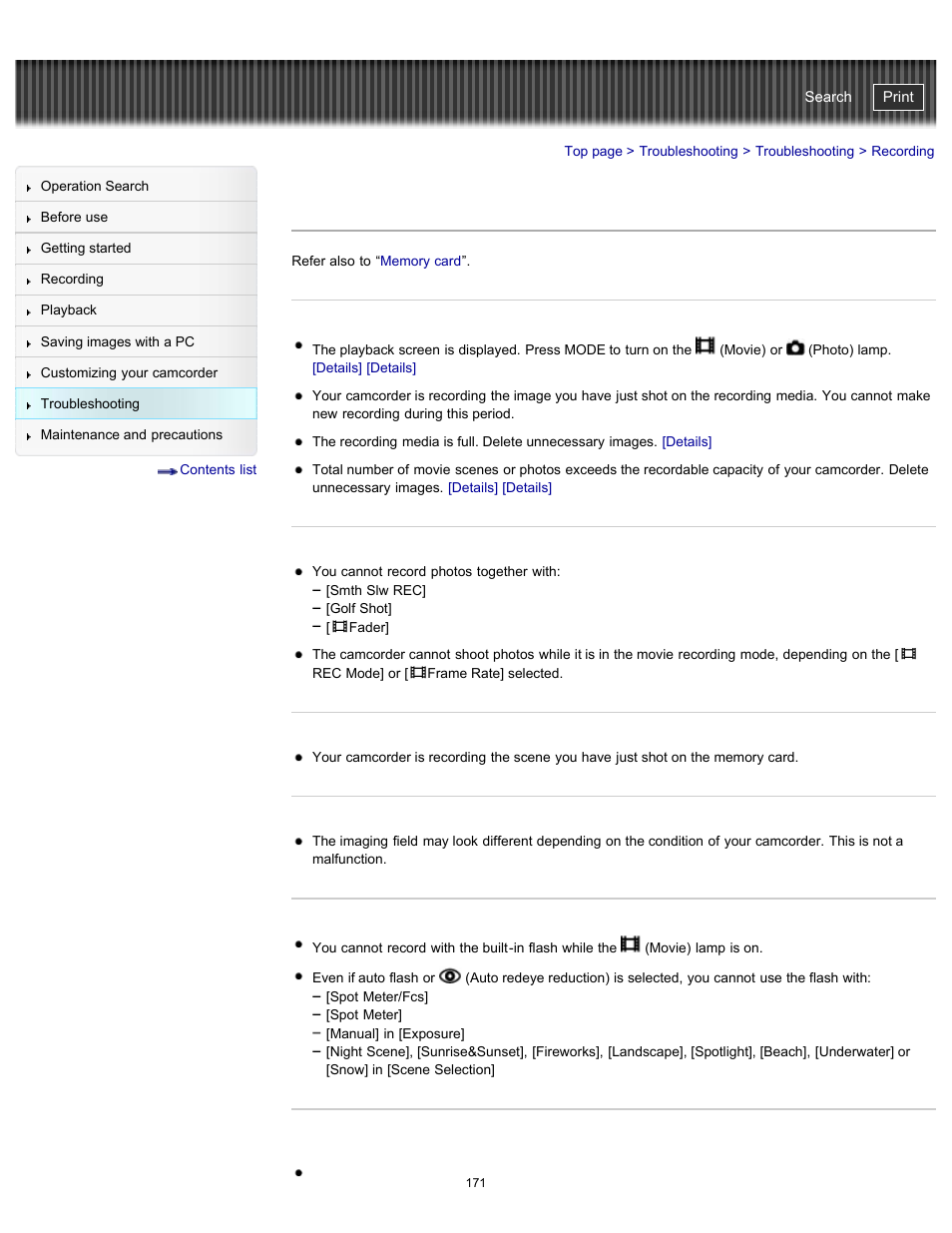 Recording, Handycam" user guide | Sony HDR-GW77V User Manual | Page 171 / 211