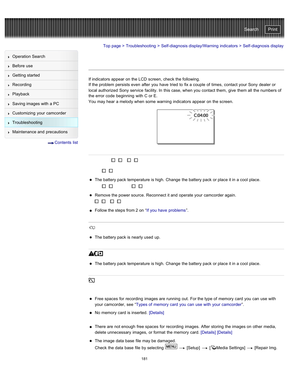 Self-diagnosis display, Handycam" user guide | Sony HDR-GW77V User Manual | Page 181 / 211