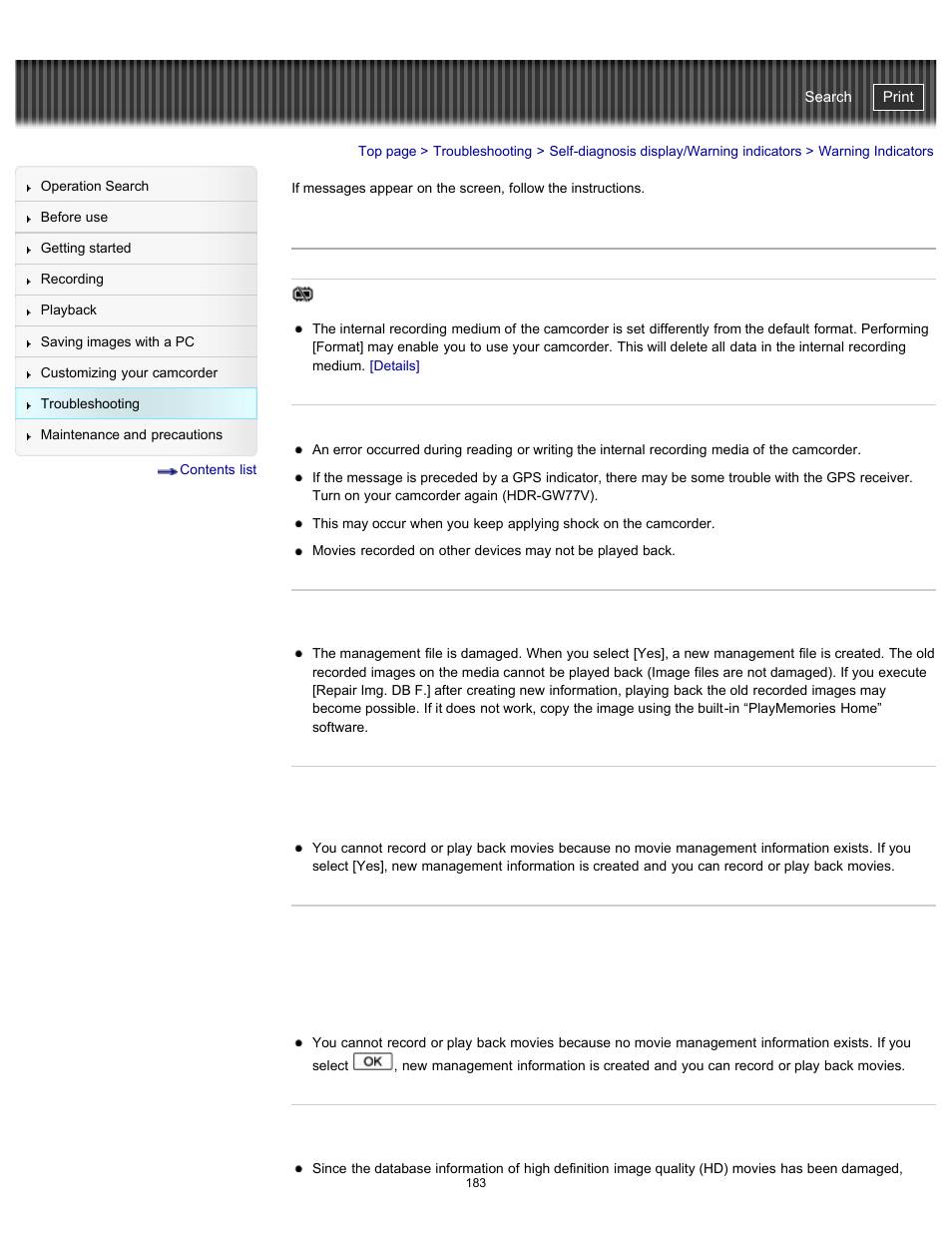 Warning indicators, Handycam" user guide | Sony HDR-GW77V User Manual | Page 183 / 211
