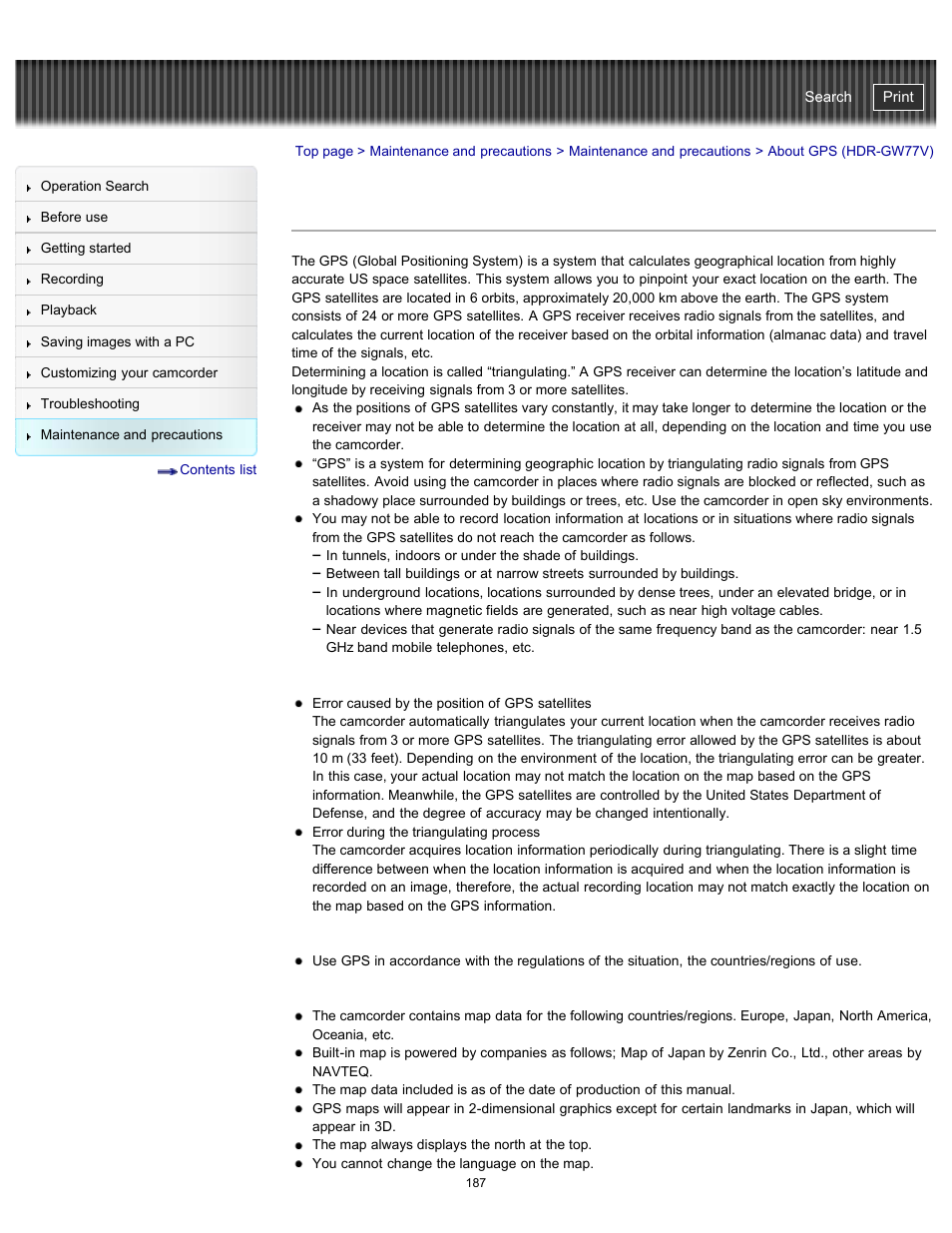 About gps (hdr-gw77v), About gps (hdr, Gw77v) | Sony HDR-GW77V User Manual | Page 187 / 211