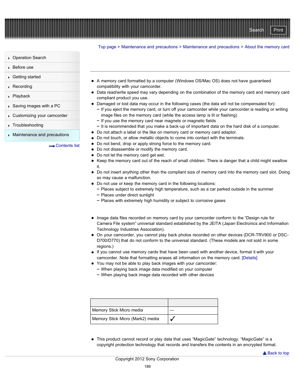 About the memory card, Details, Handycam" user guide | Sony HDR-GW77V User Manual | Page 189 / 211