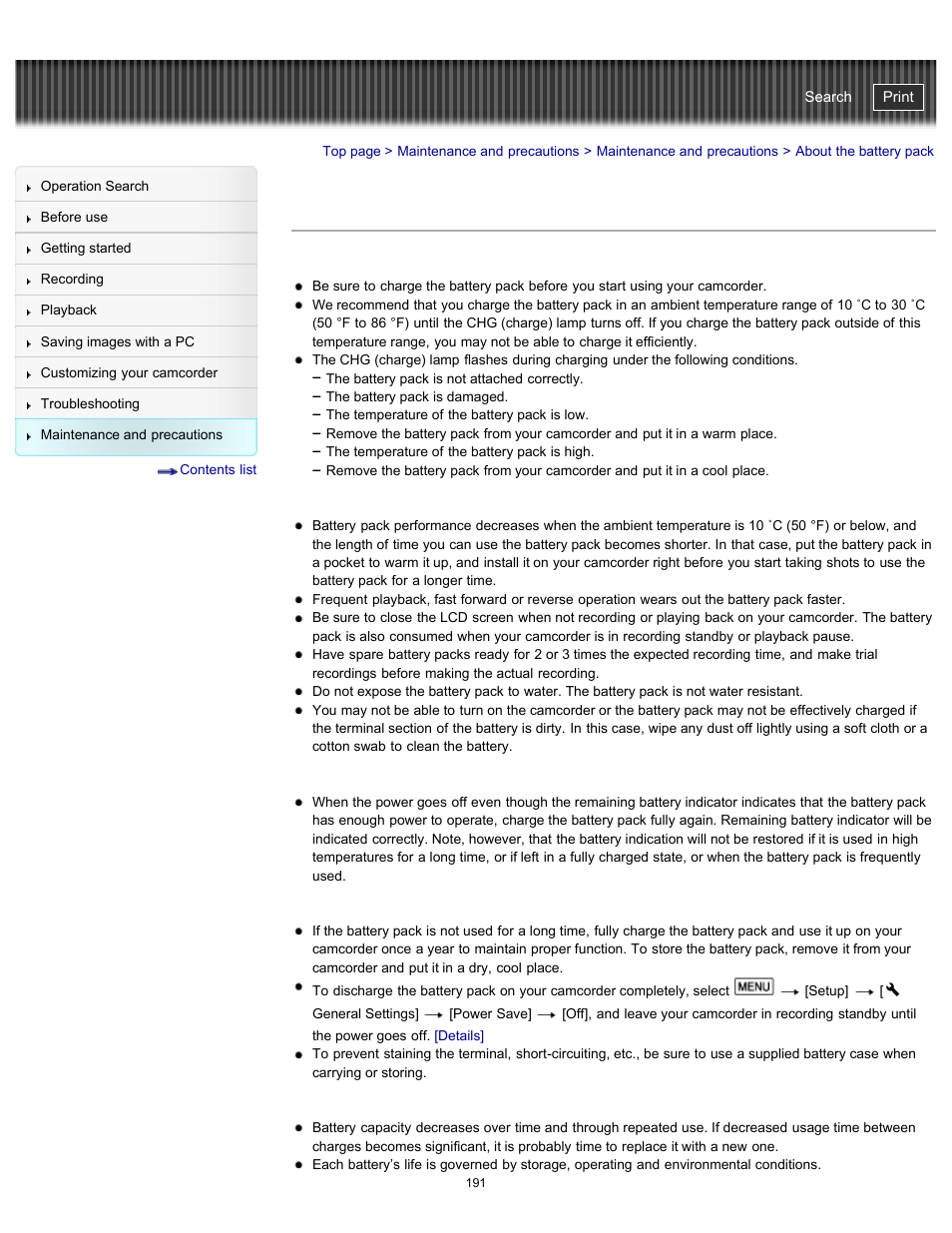 About the battery pack, Details | Sony HDR-GW77V User Manual | Page 191 / 211