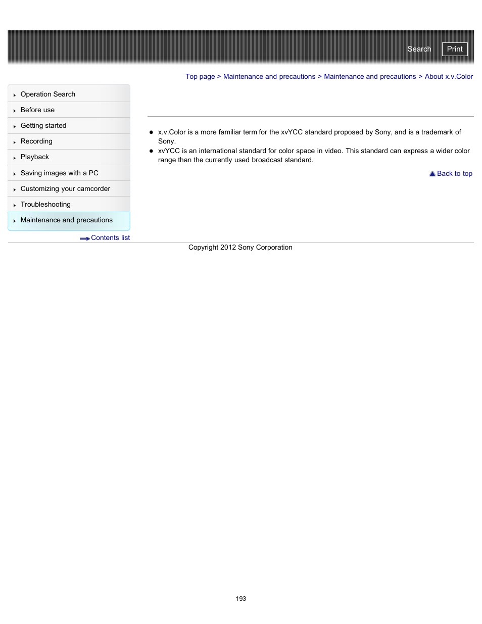 About x.v.color, Handycam" user guide | Sony HDR-GW77V User Manual | Page 193 / 211