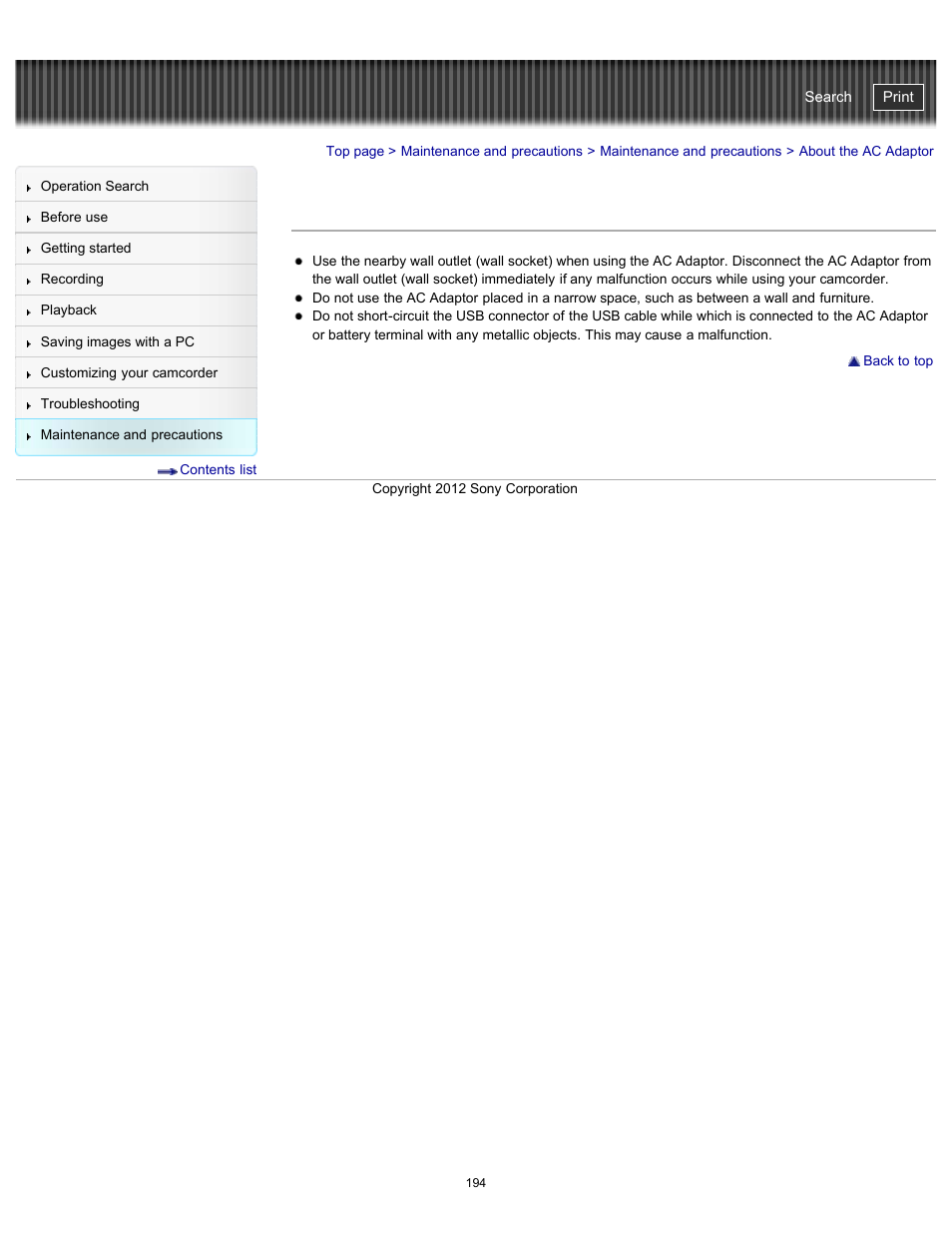 About the ac adaptor, Handycam" user guide | Sony HDR-GW77V User Manual | Page 194 / 211