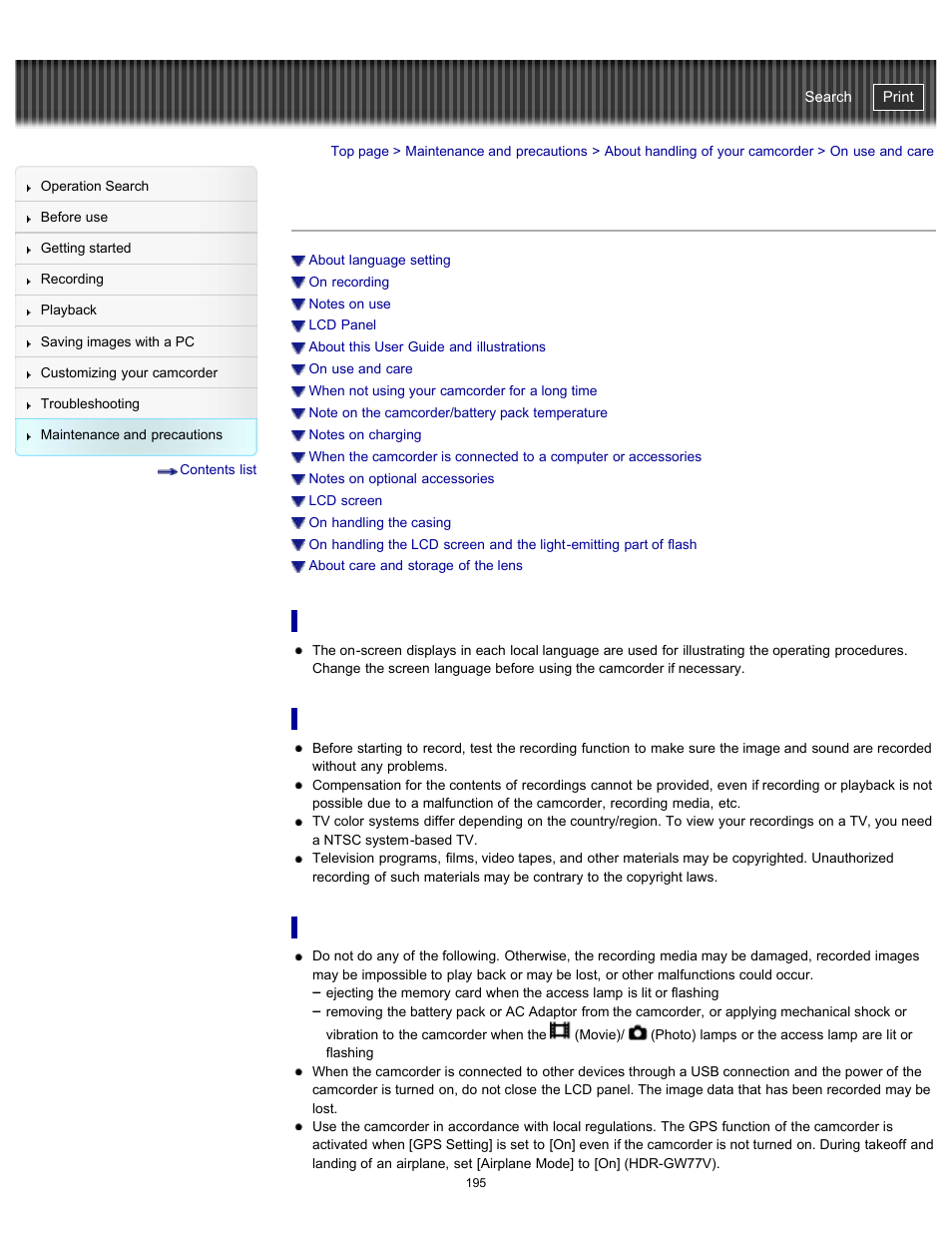 On use and care | Sony HDR-GW77V User Manual | Page 195 / 211