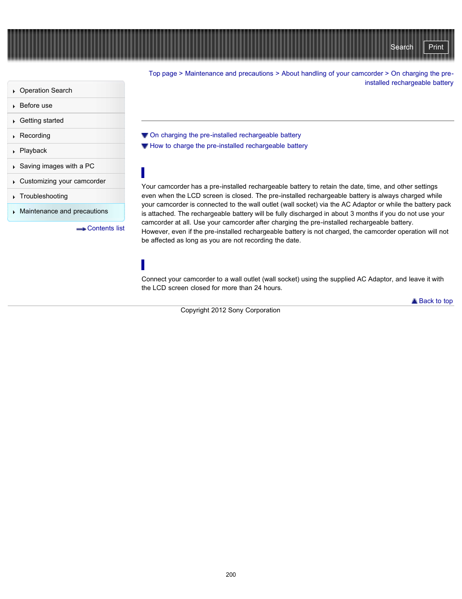 On charging the pre-installed rechargeable battery | Sony HDR-GW77V User Manual | Page 200 / 211