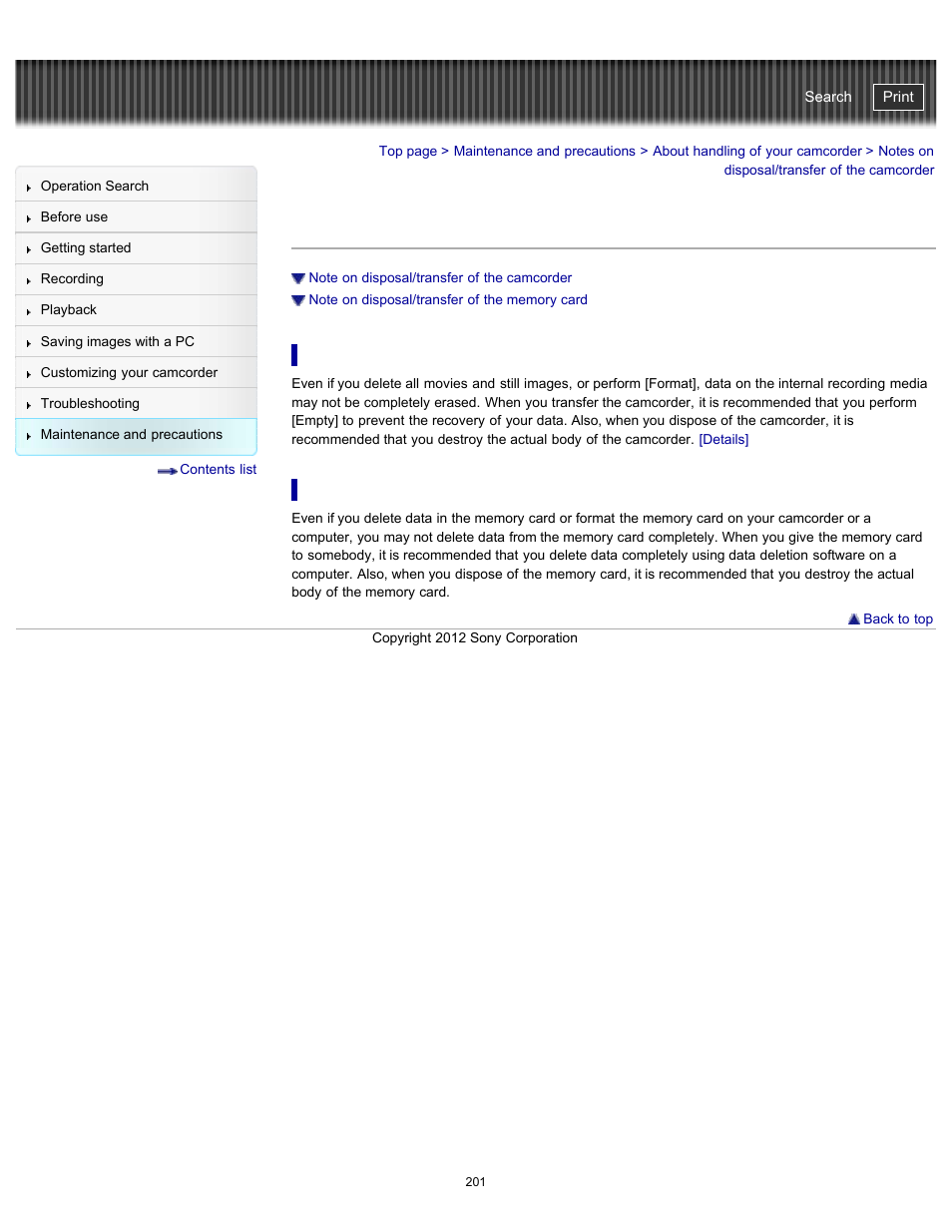 Notes on disposal/transfer of the camcorder | Sony HDR-GW77V User Manual | Page 201 / 211