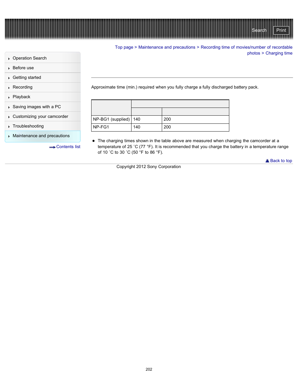 Charging time, Handycam" user guide | Sony HDR-GW77V User Manual | Page 202 / 211