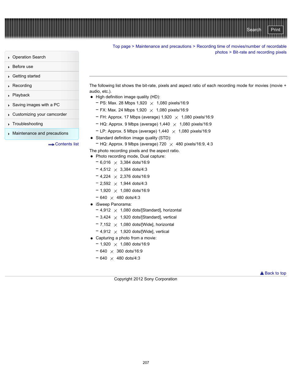 Bit-rate and recording pixels, Handycam" user guide | Sony HDR-GW77V User Manual | Page 207 / 211